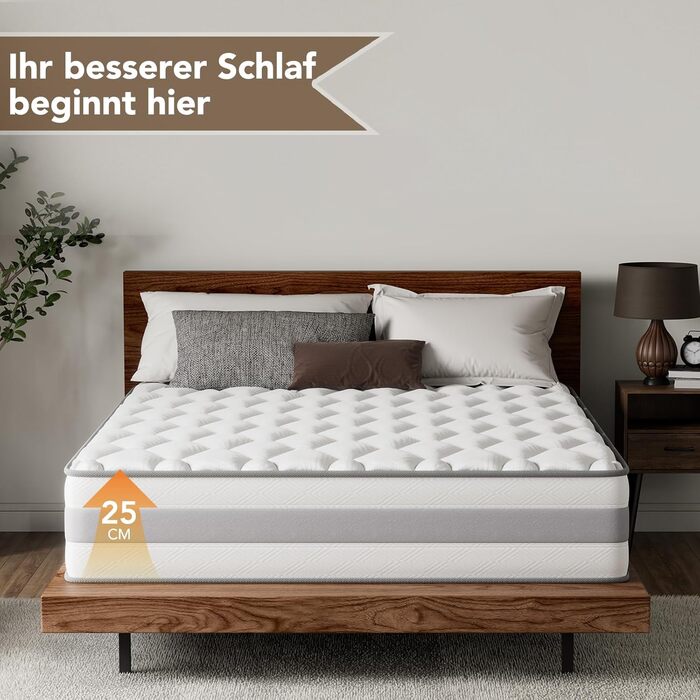 Матрац 180x200 см, висота 25 см, 7-зонний пружинний матрац кишенькової форми, ортопедичний пружинний матрац із шаром піни з ефектом пам&39яті, рівень жорсткості H3/H4, сертифікований Oeko-Tex та CertiPUR-US, 180x200x25 см