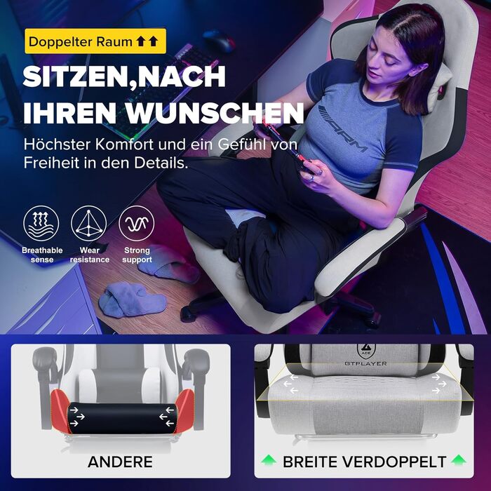 Ігрове крісло GTPLAYER Ергономічне ігрове крісло з тканинною поверхнею, пружинною подушкою сидіння, з&39єднувальними підлокітниками та підставкою для ніг 150 кг, біло-сіре