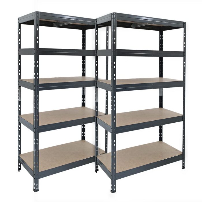 Посилений стелаж Rivet, комплект з 2 шт., з HDF-плитами, 180x90x45 см (ВxШxГ), 5 полиць, вантажопідйомність 250 кг на полицю, антрацитово-сірий. Безригельний стелаж, металевий стелаж, стелаж для підвалу, стелаж для зберігання, стелаж для майстерні, стелаж