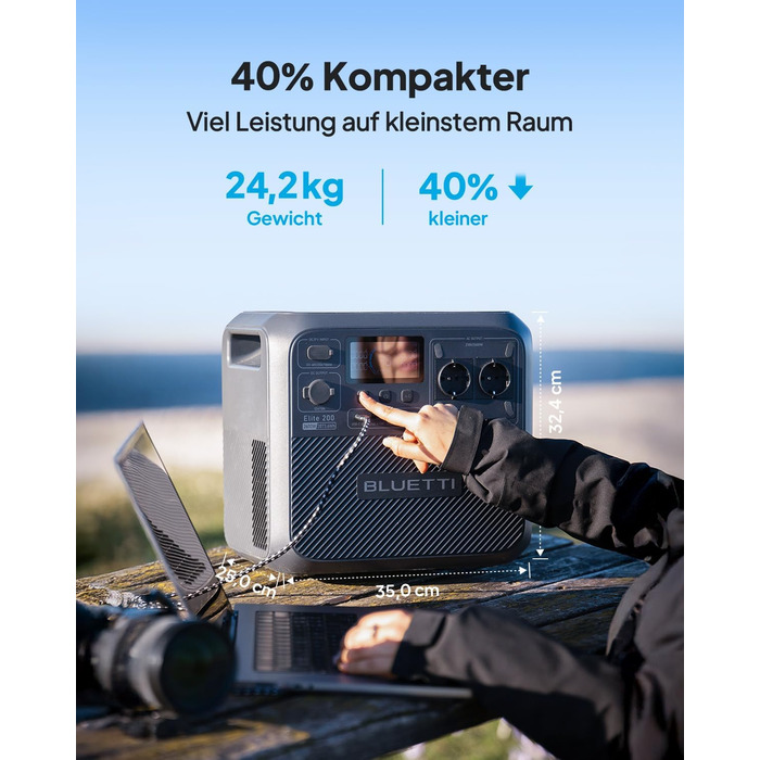 Портативна електростанція BLUETTI Elite 200 V2, сонячний генератор потужністю 2073,6 Втгод з 2 виходами змінного струму по 2600 Вт (підйомна потужність 3900 Вт), термін служби 17 років, резервне живлення від LiFePO4 для домашнього використання, екстрених 
