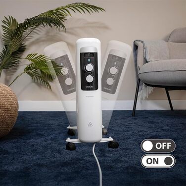 Електричний масляний радіатор Cecotec з низьким енергоспоживанням 7 модулів ReadyWarm 750 Space White. 1500 Вт, 3 рівні потужності, система безпеки та колеса, ідеально підходить для 15 м, білий