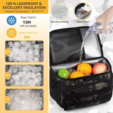 Тактичний двоповерховий рюкзак-холодильник для чоловіків великий обідній рюкзак з 2 відділеннями, м&39яка сумка-холодильник, чорний камуфляж, розмір L