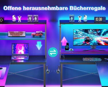 Г-подібний ігровий стіл Coleshome зі світлодіодним освітленням та розетками, 135 x 100 см, двосторонній ігровий стіл з полицями, кутовий стіл із сумкою для зберігання для домашнього офісу та ігор, чорний.
