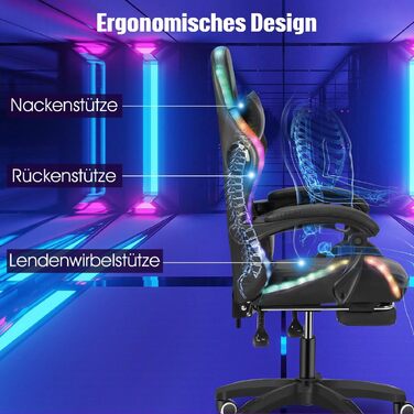 Ергономічне ігрове крісло з RGB-підсвічуванням 12 кольорів, ігрові крісла для дорослих з підставкою для ніг, підголівником та підлокітниками, крісло для ПК зі штучної шкіри, ігрове крісло з регульованою висотою для офісу та дому, чорний