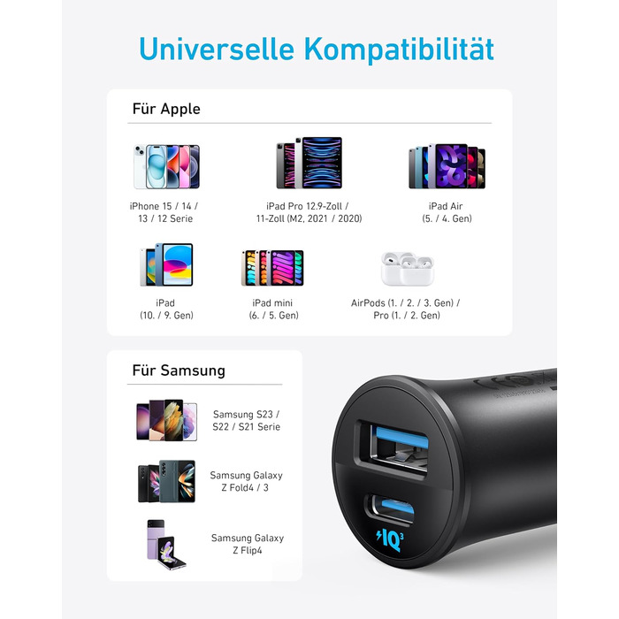 Автомобільний зарядний пристрій Anker USB-C, 2-портовий автомобільний адаптер живлення Type-C потужністю 30 Вт, автомобільний заря