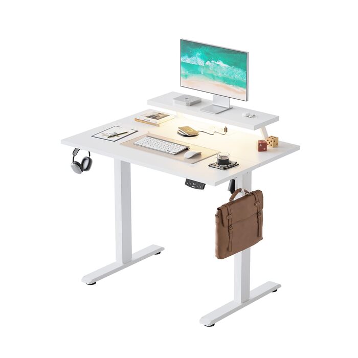 Електрично регульований по висоті стіл 100 x 60 см зі світлодіодною стрічкою, USB-портом та регульованою підставкою для монітора, стіл для роботи стоячи з 2-секційною стільницею, комп&39ютерний стіл, білий 100 x 60 см зі світлодіодним підсвічуванням