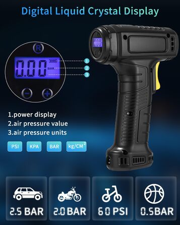 Електричний повітряний насос, автомобільний компресор, 154x73x52 мм, 10.3 бар / 150 PSI, ABS-пластик, сріблясто-сірий/чорний