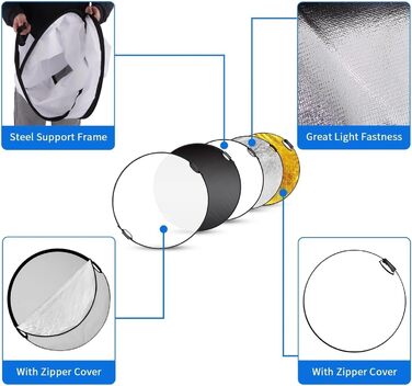 Фотовідбивач 5-в-1, розбірний портативний розсіювач світла, круглий/овальний рефлектор різних розмірів для фотостудійного рефлектора (розмір 30 см сріблясто-білий)