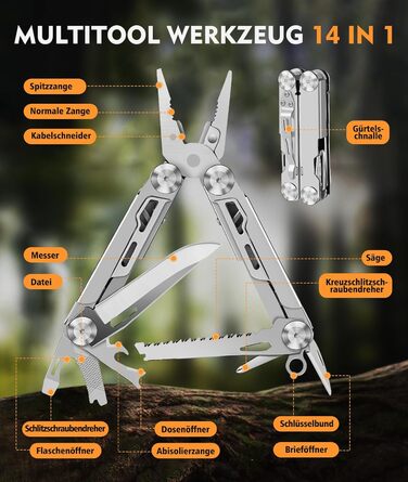 Мультитул Rolgno, подарунки для чоловіків, складний мультитул з нержавіючої сталі 14 в 1 з плоскогубцями, ножем, пилкою, викруткою
