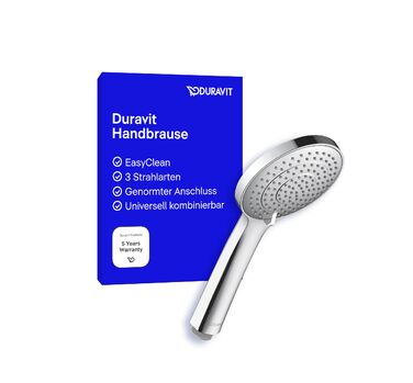 Душова лійка Duravit Universal, ручна душова насадка з 3 режимами струменя (Дощ, Інтенсивний дощ, Мякий дощ), кругла (діаметр 110 мм), легко очищується, хромована. Перемикання режимів поворотний механізм.