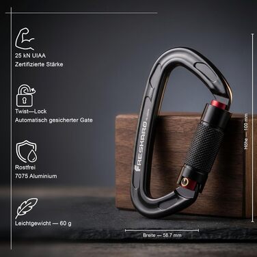 Карабін для альпінізму FresKaro 25kN, сертифікований CE, з поворотним замком, великий 10 см, швидкознімний та міцний, витримує максимум 2550 кг, підходить для альпінізму, спуску на веревках, повідків для собак, чорний та сірий, чорний - 2 шт.