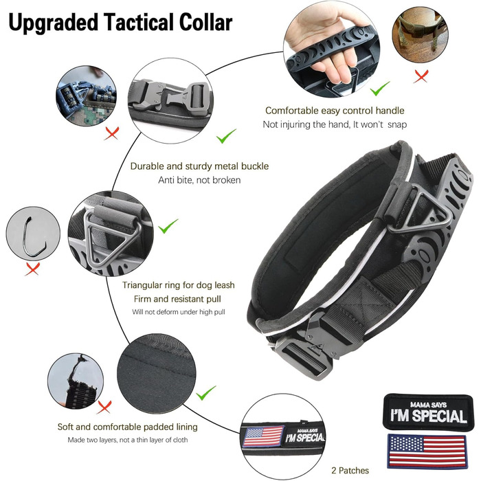 Тактичний нашийник для собак, міцний, світловідбиваючий нашийник з ручкою, широкий нашийник для середніх та великих порід, ширина 6,6 см, військовий нашийник з регульованим обхватом шиї 44-64 см, чорний