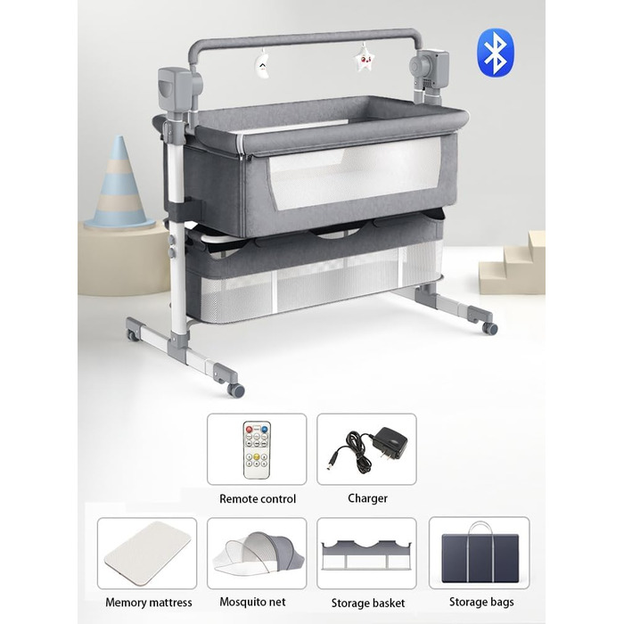 Дитяче ліжечко Nine Point Nine, розкладне дитяче ліжко-ліжечко, пружинне ліжко Baby Box з колесами, багатофункціональне, з 5 гойдалками (601 Середньо-сірий)