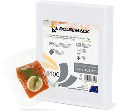 Вакуумні пакети BOLSEMACK 15x40см - Вакуумні пакети 100 шт. для всіх вакуумних упаковувачів та харчових вакуумних упаковок - Вакуумні пакети дуже міцні та стійкі до розриву - Вакуумні пакети харчові без BPA Тиснений пакет Вакуумна упаковка
