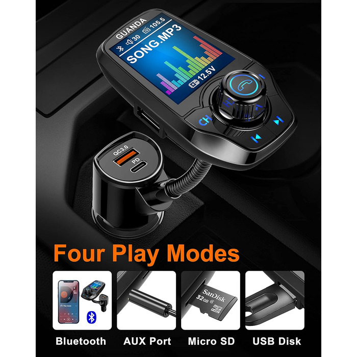 Передавач Bluetooth для автомобіля з 1,8-дюймовим кольоровим екраном Bluetooth Гучний зв'язок Bluetooth Автомобільний радіоадаптер 4 в 1 MP3-плеєр AUX 2 USB-порти SD/TF карта (QC3.0PD чорний)