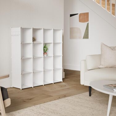 Кубоподібна полиця для зберігання, 16 кубічних полиць, шафа, модульна пластикова полиця своїми руками, ідеально підходить для спальні, вітальні, офісу, 122 см Д x 31 см Ш x 122 см В, молочно-білий, UPCS16M 16 кубів