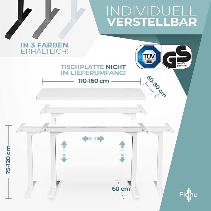 Електрична рама столу з регулюванням висоти, сертифікована TV GS, для столів стоячи, 2 двигуни із захистом від зіткнень, 4 слоти пам&39яті, вантажопідйомність до 100 кг (білий колір)