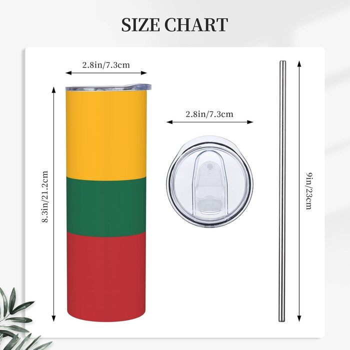 Кухоль з прямою трубочкою, дизайн литовський прапор, друкований, дорожній кухоль, підходить для кемпінгу, офісу та дому, 590 мл