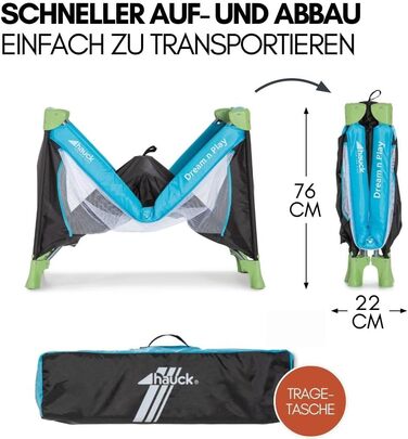 Дитяче ліжечко Hauck Dream N Play XXL з матрацом, сіткою від комах, підстилкою та простирадлом на ремені - Складане дитяче ліжечко з сумкою - Водяний блакитний