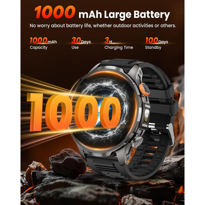 Чоловічий смарт-годинник з акумулятором 1000 мАг/світлодіодним ліхтариком, 1,91-дюймовий AMOLED 5ATM смарт-годинник військовий фітнес-трекер з функцією телефону, 113 спортивних режимів, спортивний годинник/цілодобовий монітор серцевого ритму/монітор сну/S