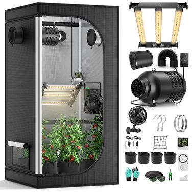 Комплект для вирощування Growzelt з LED-лампою повного спектру M1500, намет для вирощування 80x80x160 см, вентиляційна система 215 CFM (3000 об/хв) з тихим та ефективним вентилятором (4 швидкості), комплект для гідропоніки та вирощування в приміщенні M150