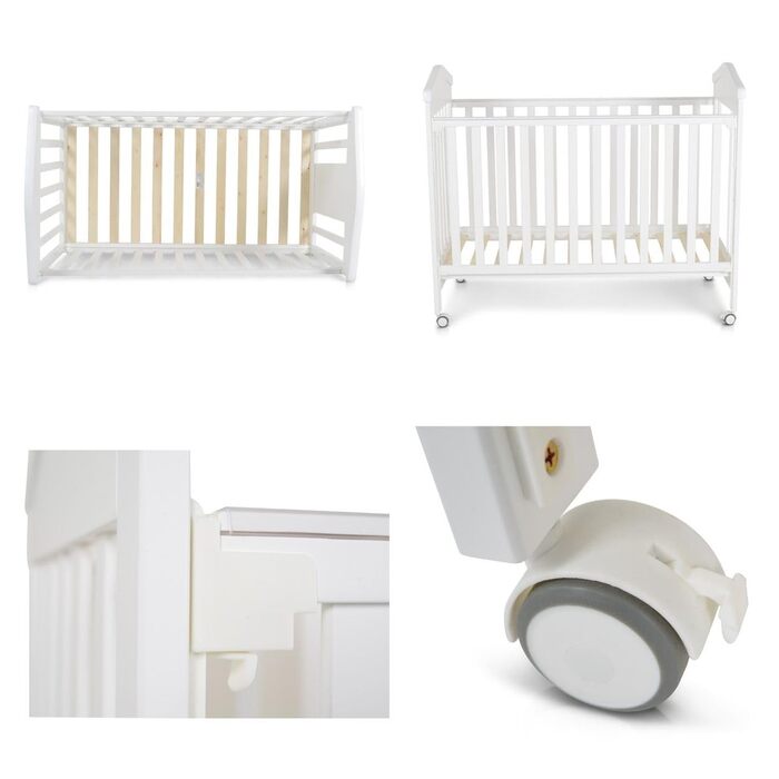 Дитяче ліжечко Cangaroo Wing 120 x 60 см, букове дерево, колеса, 3 положення висоти, біле