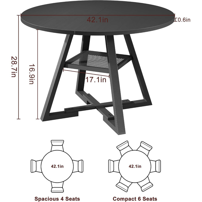 Круглий обідній стіл на 2-4 особи, обідній стіл з полицею, компактний дерев&39яний кухонний стіл в промисловому дизайні (чорний, 107x107x76см) Чорний 107 x 107 см