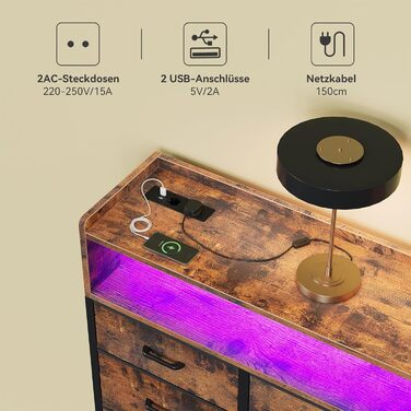 Комод ODK з висувними шухлядами, комод з 2 розетками, 2 USB-портами та 10 кольоровими світлодіодними стрічками, комод з полицею, стільниця з 9 тканинними шухлядами для спальні та вітальні, 130 * 30 * 97 см у ретро-стилі