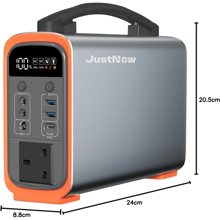 Портативна електростанція JustNow 240 Вт/240 Втгод, мобільний накопичувач енергії LiFePO4 з виходом AC/DC/USB/PD 60 Вт, сонячний генератор для кемпінгу, використання на свіжому повітрі, для автофургонів, надзвичайних ситуацій, резервного копіювання вдома