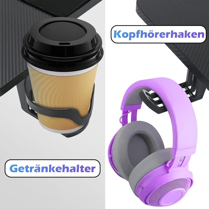 Ігровий стіл зі світлодіодним підсвічуванням 140 x 60 см, ігровий комп&39ютерний стіл з вуглецевого волокна, ігровий офісний стіл з підставкою для чашок та гачком для навушників для захопливого ігрового досвіду, чорний 140x60 см, зі світлодіодним підсвічу