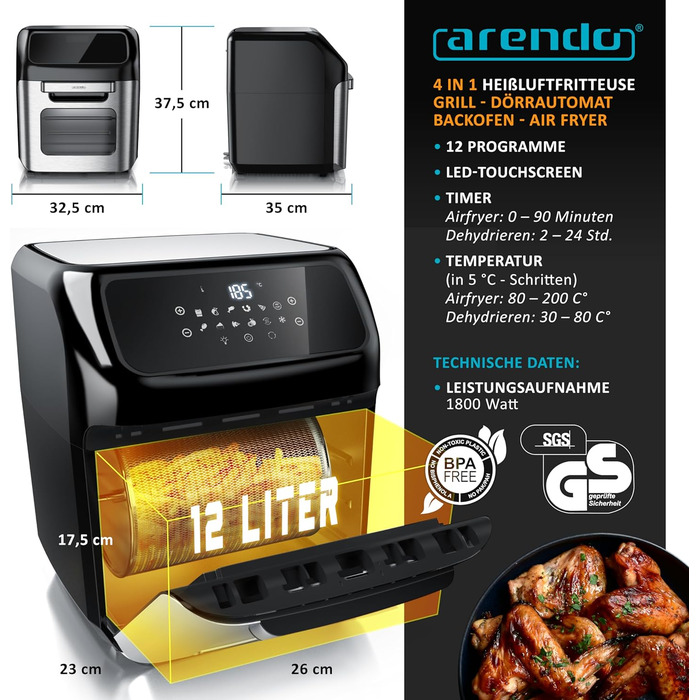 Аерофритюрниця XXL зі світлодіодним сенсорним екраном - 12 літрів - Гриль - Дегідратор - Духовка - Аерофритюрниця - Сенсорний екран - Easy&Clean - Фритюрниця без олії - Конвекція - Піца Курка Фрі - Без BPA A 12 літрів