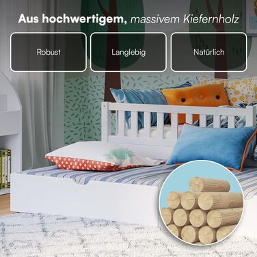 Дитяче ліжко Bellabino Vils 90x200 см Ліжко для малюків, що розкладається до 90x190 см, із захистом від падіння та рейковою основою Дитяче ліжко Монтессорі з масиву сосни білого кольору для хлопчиків та дівчаток. Біле з гостьовим ліжком (матрац не входить