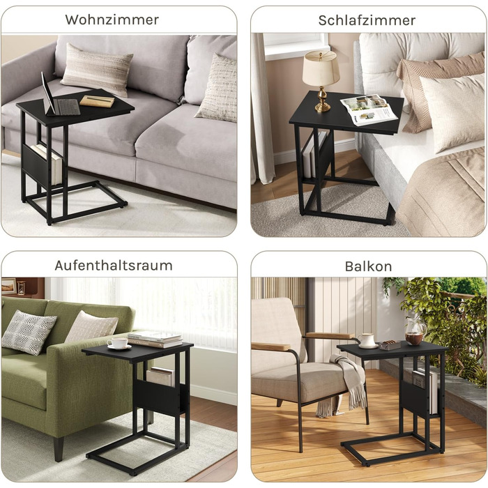 Приставний столик Журнальний столик Диванний столик Тумбочка Приліжковий столик Столик для ноутбука, металевий каркас, стільниця з ДСП, 55x36x59,5 см (ШxГxВ), чорний TS79sz