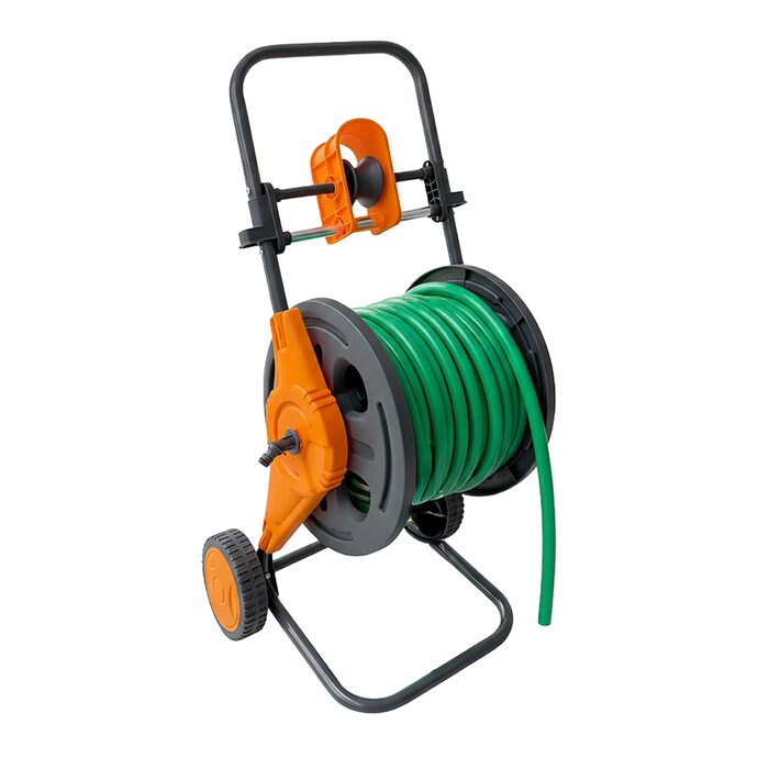 Шланг для поливу Relaxdays, 60 м, зєднувачі швидкого зєднання, направляюча шланга, 2 колеса, пластик/сталь, барабан для шланга, сірий/помаранчевий