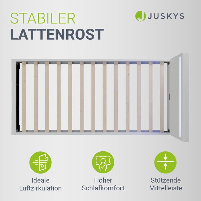 Ліжко Juskys Paris з м&39якою поверхнею 90x200 см зі світлодіодним освітленням, рейковим каркасом та узголів&39ям, ліжко з дерев&39яним каркасом та чохлом зі штучної шкіри, біле 90 x 200 см