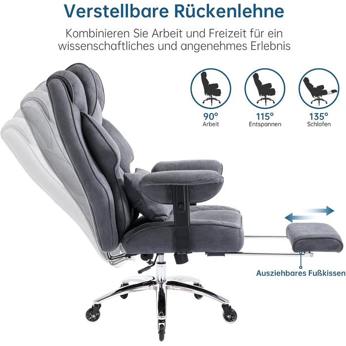 Ергономічне офісне крісло, вантажопідйомність 200 кг, крісло керівника з підставкою для ніг, робоче крісло з поперековою опорою, зручне широке сидіння XXL, потовщена оббивка, регульована висота, штучна замша сірого кольору