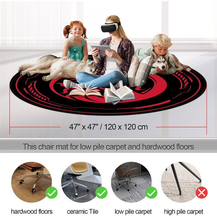 Захисний килимок для ігрових офісних крісел, килимки для крісел для килимів з низьким ворсом та паркетних підлог, круглі килимки для підлоги 120 x 120 см для ігрових кімнат, спалень, віталень та офісів, чорний/червоний