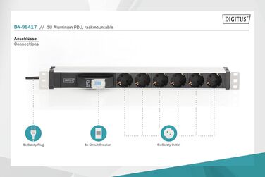 Подовжувач живлення DIGITUS 19 - - 1U - 250 В змінного струму - 50/60 Гц - 16 А - 4000 Вт (6 кранів, мініатюрний автоматичний вимикач, версія DE)