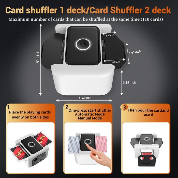 Автоматичний перезаряджуваний мішальник карт для 1-2 колод, тихий електричний міксер для карт, портативний швидкий мішальник, автоматичний мішальник для гральних карт для UNO, Раммі, Phase 10 (Білий)