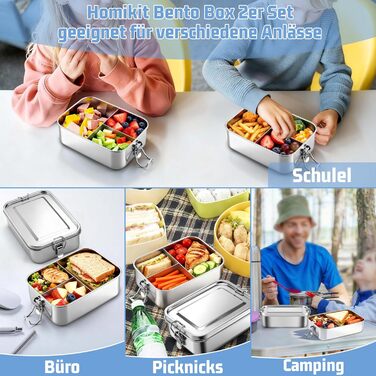 Набір ланчбоксів Homikit з розділеннями, 2 шт., 850 мл, нержавіюча сталь. Металеві контейнери для обіду, сніків, герметичні, з ущільнювальним кільцем для школи, офісу, пікніка. Можна мити в посудомийній машині.