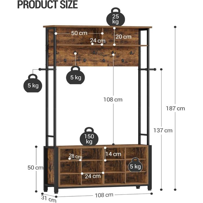 Вішалка для одягу Hzuaneri з лавкою для взуття, шафа з 13 гачками, 14 відкритими відділеннями, регульовані полиці, вішалка для одягу для коридору, вхідної зони, 31 x 108 x 187 см, вінтажний коричнево-чорний HT17901B