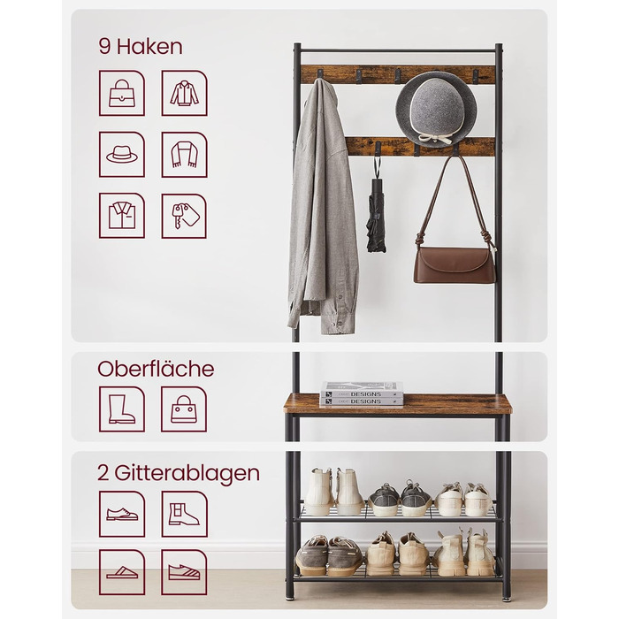 Вішалка для одягу, Вішалка для одягу з полицями для взуття, Вішалка для взуття із сидінням, для передпокою, з гачками, 3 полиці, Метал, Висота 177 см, Промисловий дизайн, Вінтажний коричнево-чорний HSR41BX 70 x 177 см Вінтажний коричневий чорний