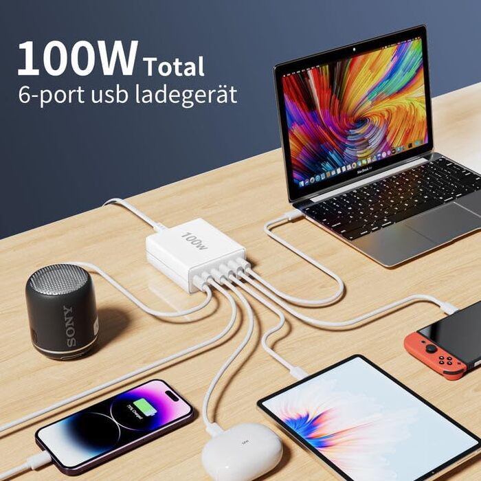 Зарядний пристрій FINIBO USB C Multiple 6-портовий швидкий зарядний пристрій потужністю 100 Вт з USB-C та USB-A, портативний насті