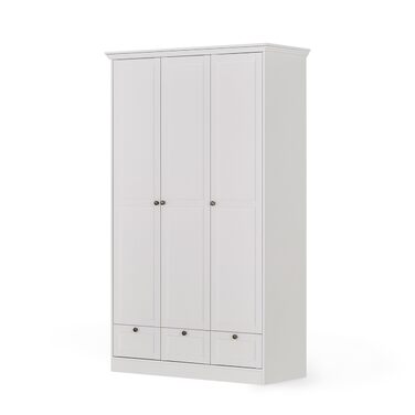 Шафа-купе KHG з орними дверима, біла, 3 двері, 3 шухляди, 1 вішалка для одягу, 5 полиць з регульованою висотою, цоколь, шафа в сільському стилі, 3-дверна