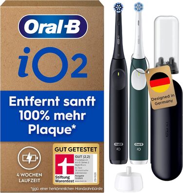 Зубна щітка електрична Oral-B iO Series 2 подвійний набір електрична зубна щітка, у комплекті 2 насадки, дорожній футляр 3 режими чищення для догляду за зубами, ПЕРЕВІРЕНО ЯКІСТЬ (2,2) за версією STIFTUNG WARENTEST, чорний/зелений Night Black/Forest Green