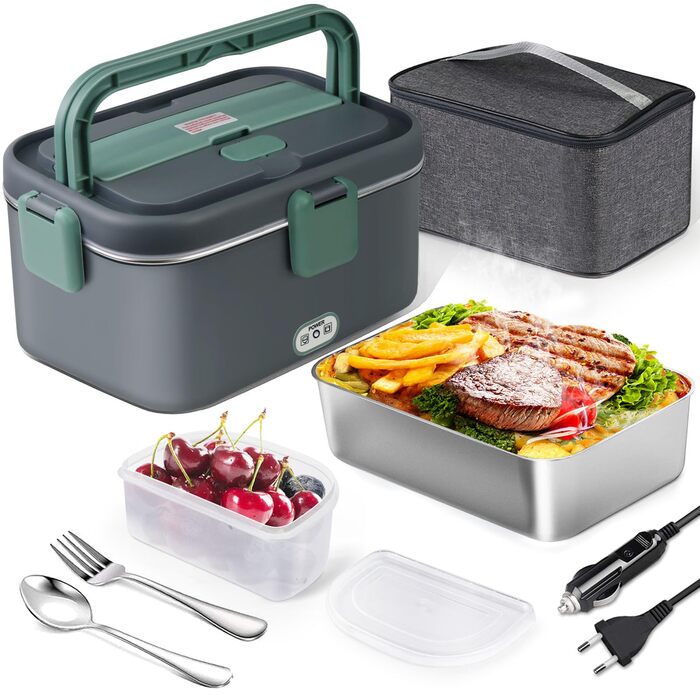 Електричний ланч-бокс AUTOPkio 1,8 л 80 Вт, 12 В/24 В/220 В, великий підігрів їжі з сумкою, виделкою та ложкою з нержавіючої сталі для автомобіля, вантажівки, офісу, сірийзелений