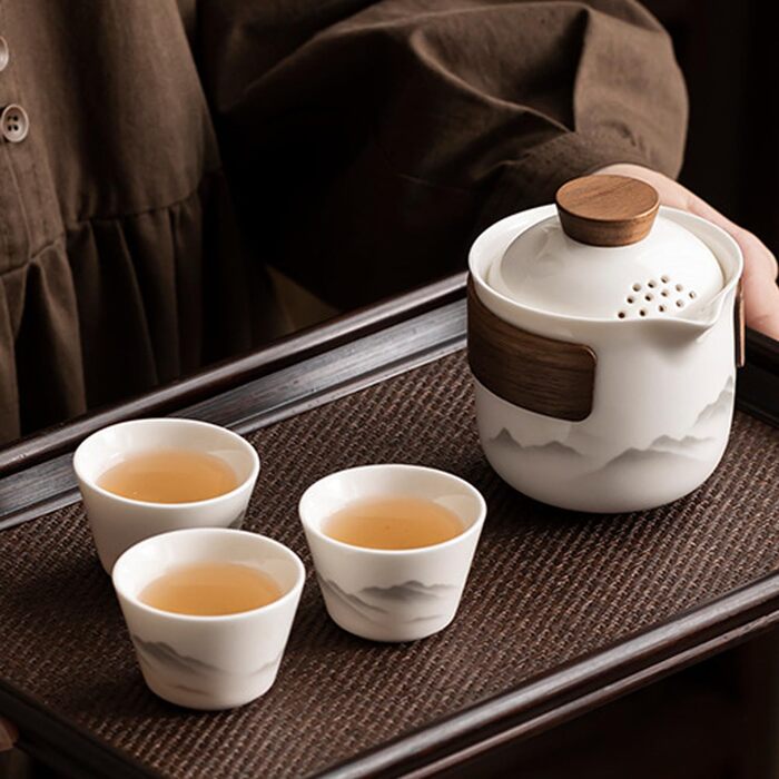 Порцеляновий набір для чайної церемонії Гунфу, портативний керамічний чайник, міні-набір для подорожей Все в одному, для дому, подарунка, кемпінгу, пікніка, офісу, бізнесу та готелю