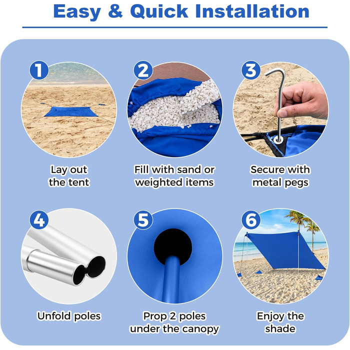 Пляжний сонцезахисний намет HOMASIS, сонцезахисний намет UPF 50, пляжний намет з лайкри з кріпленнями для піску та 4 мішками з піском, сонячне вітрило з 2 опорними стійками та сумкою для перенесення, сонцезахисний навіс для пляжу та саду (синій, 230 x 200