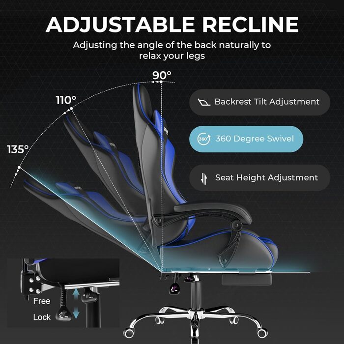 Ігрове крісло GTPLAYER, офісне крісло, масажне ігрове крісло, ергономічне ігрове крісло з підставкою для ніг, підголівником, масажною подушкою для попереку, м&39яке ігрове крісло, обертове крісло, синє ігрове штучне шкіряне крісло