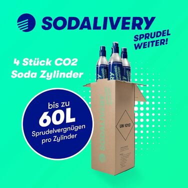 И Циліндр Sodalivery CO2 425 г/60 л балон з вуглекислим газом включаючи 4 заправки або зворотний депозит підходить для Sodastream Crystal, Crystal 2.0 Sodapop, Aarke, Philips Зроблено в Німеччині, 4 шт.